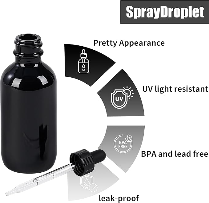12 Pcs, 2oz Glass Dropper Bottle, Leakproof Tincture Bottles with Dropper, Black Reusable Eye Dropper Bottle, for All Kinds of Liquids (Black, 2oz-12pcs)