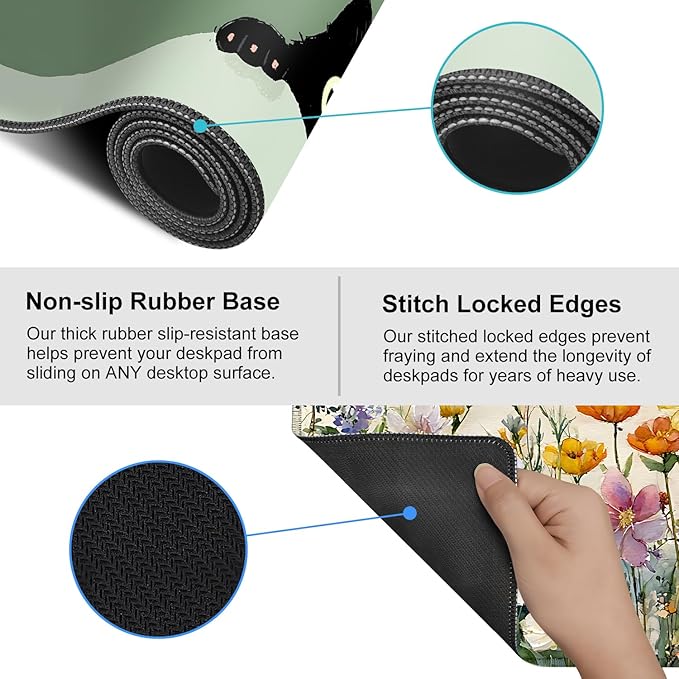 Cute Black Cat Large Mouse Pad – Extended Desk Mat 35.43 x 15.75 in – Kawaii Kitty Peeking Over Edge, Green Background, Non-Slip Rubber Base, Waterproof Keyboard & Mouse Pad for Office or Gaming