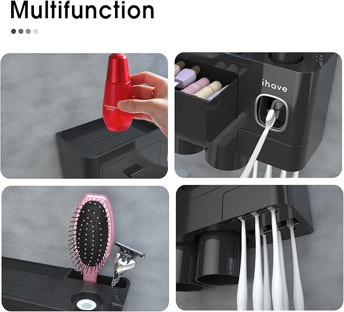 iHave Toothbrush Holders for Bathrooms, 2 Cups Toothbrush Holder Wall Mounted with Toothpaste Dispenser - Large Capacity Tray, Cosmetic Drawer - Tooth Brushing Holder & Bathroom Accessories