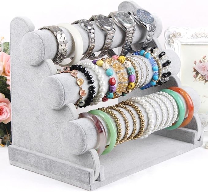 Wudygirl Triple Bracelet Holder Velvet Jewelry Display Stand Watch Bangle Bar Necklace Storage Organizer Gray (Ice Velvet 3 Tier)