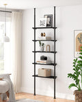 ALLZONE 5 Tiers Narrow Bookshelf, Tall Adjustable Ladder Book Shelf with Open Storage, Floor to Ceiling Tension Mount, Wooden Industrial Bookcase for Living Room, 92 to 116 Inch, Black