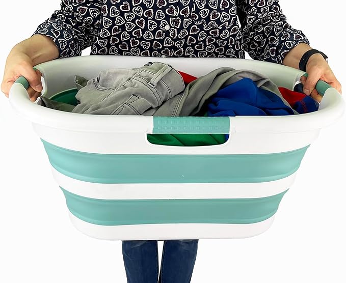 SAMMART 40L (10.5 gallon) Collapsible Plastic Laundry Basket - Space Saving Storage Container/Organizer - Portable Washing Tub - Foldable Pop Up Hamper/Basket (1, White/Celadon Green)