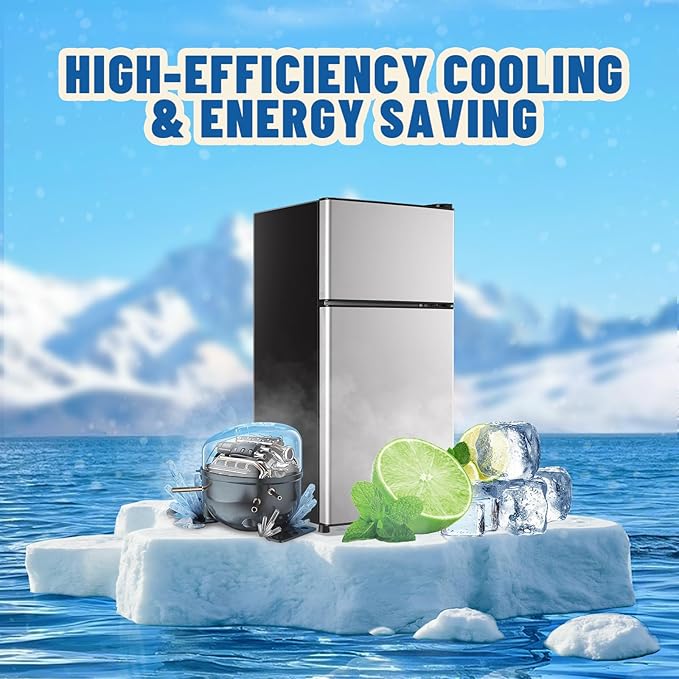 Tiny Personal Capacity Silver Refrigerator with Freezer Double Door Mini Fridge Small Apartment Refrigerator with 7 Adjustable Temp Control