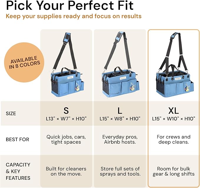 FifthStart Multiuse Organizer Bag - X-Large, Blue - 9 Pockets & Mesh Base for Cleaning Supply Organizer - Adjustable Waist & Shoulder Straps for Cleaning Caddy - Use as Housekeeping Caddy