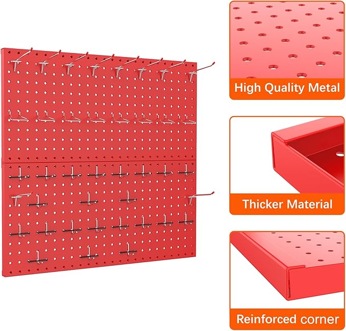 TORACK Metal Pegboard Wall Organizer 24" x 24" or 12" x 48", 70 PCS Tool Storage Pegboard for Garage Tool Organizer Board with Pegboard Hooks for Workbench(Red)