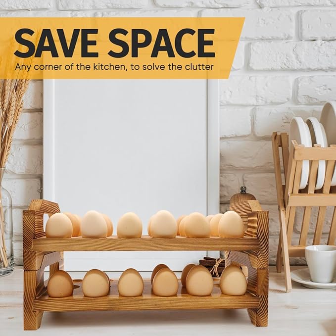 Wooden Egg Holder Countertop, Stackable Egg Storage Trays for 36 Fresh Chicken Deviled Egg Organizer Rustic Kitchen Decoration, Egg Container Rack, set of 2 pieces
