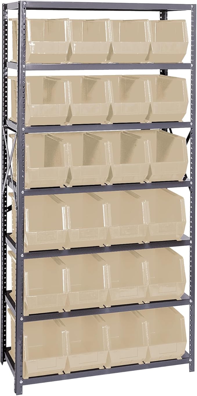 Quantum Storage Systems QSBU-265IV Giant Open Hopper Steel Shelving System, 18" D x 36" W x 75" H, with 7 Shelves and 24 QUS265 Bins, Ivory