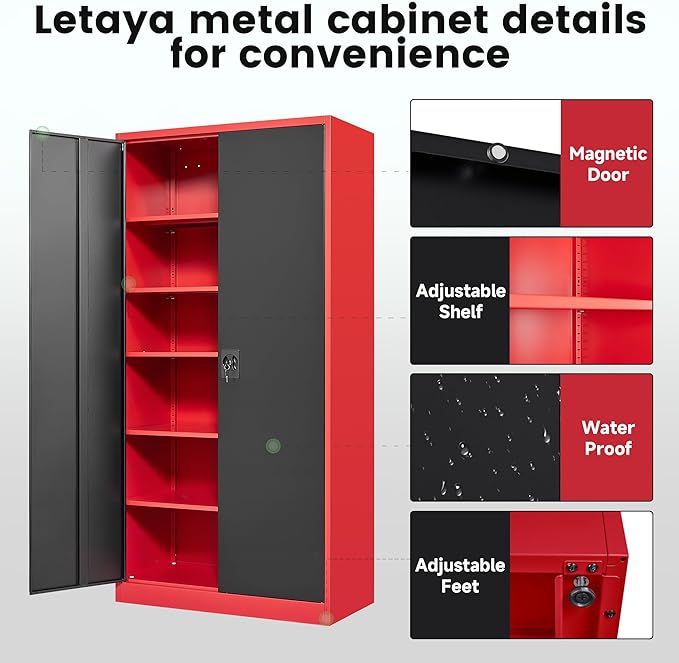 Letaya Metal Storage Cabinets with Lock, 71" Tall Locker Organizer Steel Cabinets, Adjustable Shelves 2 Doors for Home, Office, Warehouse,Garage,Industrial,Employee Lockers (Style B, Black Red)