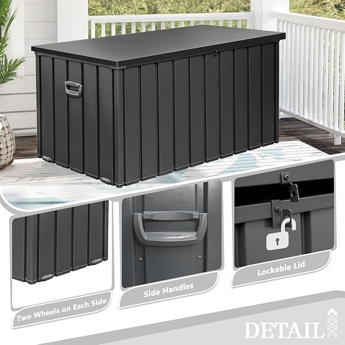 Domi 190 Gallon Deck Box, Metal Outdoor Storage Box with Lock Wheels Side Handles, Waterproof Outside Storage Box for Patio Cushions, Shoes & Pool Tools