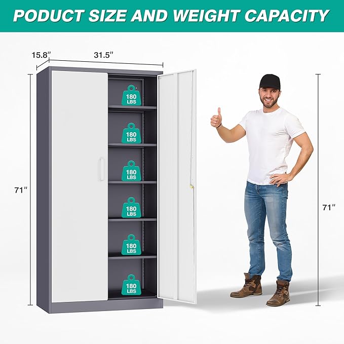 Metal Storage Cabinet with 2 Doors and 6 Shelves,Gray White Metal Cabinet with Lock,71" Lockable Garage Storage Cabinets,Locking File Cabinet,Steel Tool Cabinets for Home,Office,Garage,Shop,School