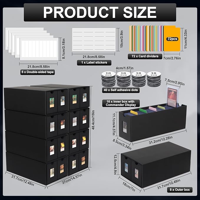 14000+ Card Storage Box, 2700+ Toploader Card Storage Box for Commander Display,with 72 Dividers, Labels & Tapes,Fit for TCG, PTCG, MTG