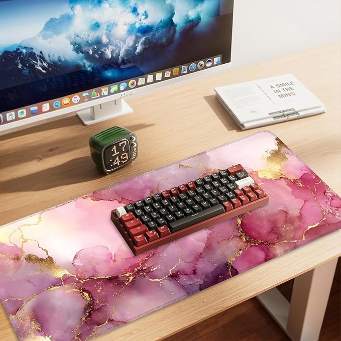 Pink Marble Ink Mouse Pad – Large Extended Desk Mat 35.43 x 15.75 in – Elegant Watercolor Gold Foil Design, Waterproof Surface, Non-Slip Rubber Base, Keyboard & Mouse Pad for Office or Gaming
