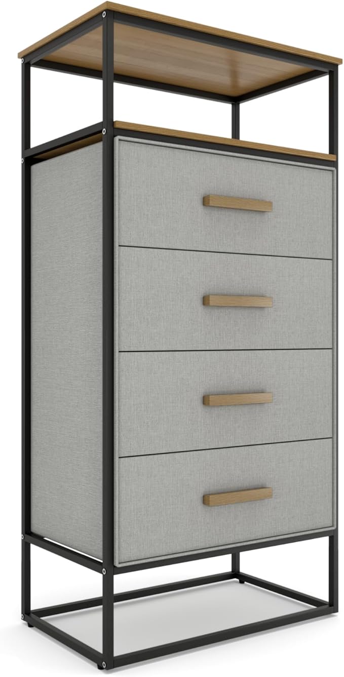 tinge Zana Premium Fabric Dresser - Strong Metal Frame, 4 Spacious Sag-Proof Drawers & Sturdy Wooden Top Shelf - Premium, Sleek & Durable Storage Solution for Your Home (Silver)