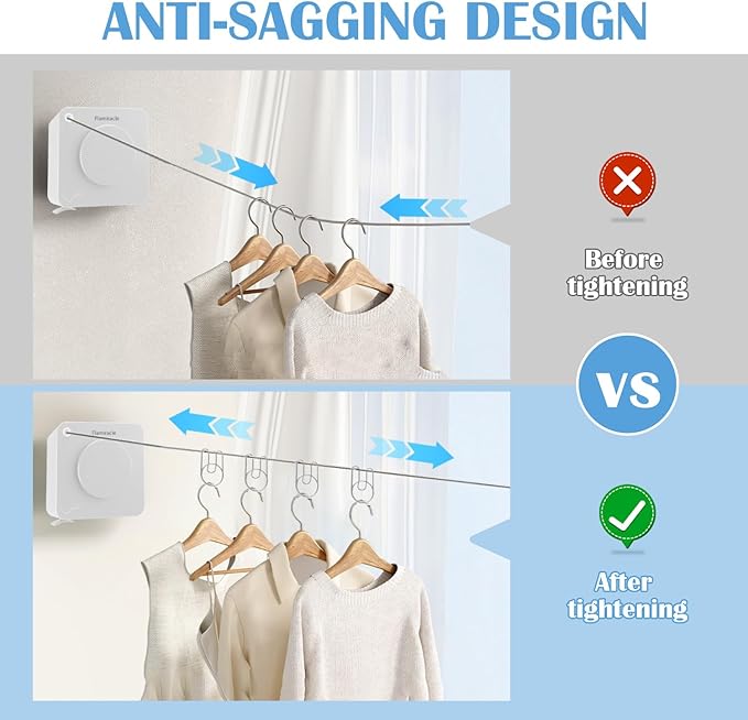 Retractable Clothesline Indoor, Non-Sagging Outdoor Clothes Line Retracting 15.7 Feet Heavy Duty Laundry Line Retractable Wall Mounted Clothes Line Outdoors (Square-White)