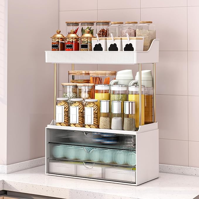 Bathroom Organizers and Storage - 3 Drawers 2 Tier Makeup Organizer, Cosmetic Storage Drawer for Dresser Countertop and Bathroom Vanity for Large Skincare, Perfume, Grey