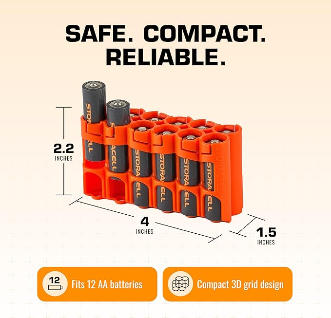 Storacell AA-12 Battery Storage Caddy and Dispenser (Pack of 2), Orange, Holds 12 AA Batteries (Not Included), Durable & Compact Design, The Original Battery Caddy, Made in The USA