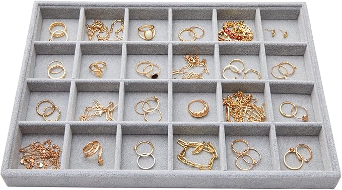 Juvale Velvet Jewelry Organizer Tray - Earring Tray Insert with 24 Compartments - Stackable Jewelry Drawer Organizer - Includes Bracelet Holder Slots - Gray, 14 x 10 in