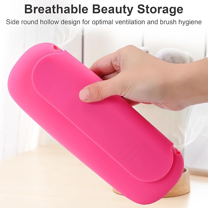 Silicone Travel Makeup Brush Holder for Women with Magnetic Closure and Built-in Brush Cleaner, Washable Cosmetic Organizer, Gift-Ready Pouch, Rose Red