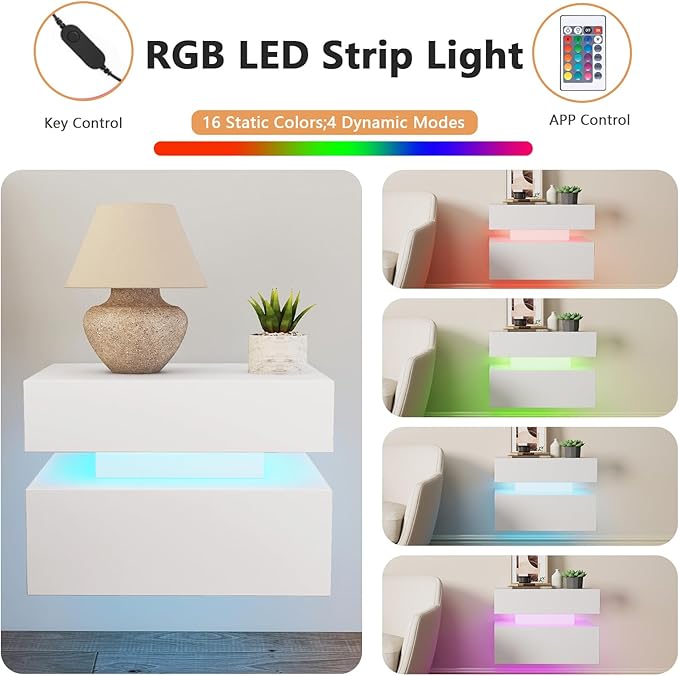 Floating Nightstand Set of 2,Modern Bedside Tables with LED Light for Bedroom,Small Night Stands with Drawers, Wall Mounted End SideTables Set for Living Room