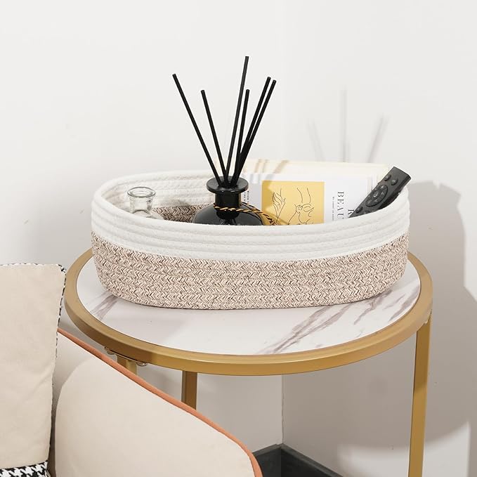 Temary 2PC Small Storage Bins Basket, 13x5.9x3.9 inch Woven Storage Basket with Handles for Storage Toilet Paper Rolls, Narrow Storage Baskets for Entryway, Closets, Shelves (Brown)