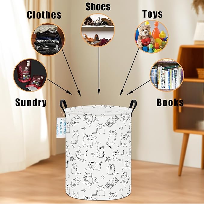 LANGYASHAN Laundry Basket Canvas Fabric Collapsible Organizer Basket for Storage Bin Toy Bins Gift Baskets Bedroom Clothes Children Nursery Hamper (Cat)