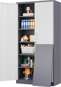 Wide & Deep Metal Storage Cabinet with 2 Doors and 5 Adjustable Shelves,72 inch Tall Locking Garage Storage Cabinet with Lock,Gray White Pantry Cabinets,Steel Cabinets for Home,Office,Garage 72x36x18