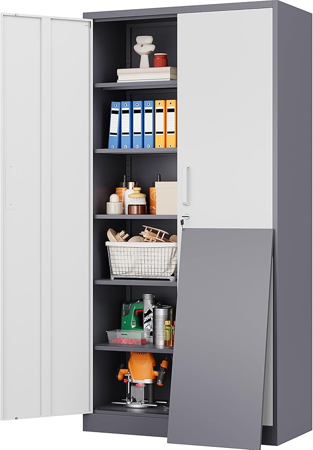 Wide & Deep Metal Storage Cabinet with 2 Doors and 5 Adjustable Shelves,72 inch Tall Locking Garage Storage Cabinet with Lock,Gray White Pantry Cabinets,Steel Cabinets for Home,Office,Garage 72x36x18