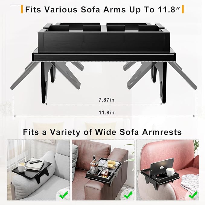 Black Couch Cup Holder Tray - 2 in 1 Couch Armrest Table with Be Slide-Away Detachable Double Holder - Foldable Sofa Armchair Caddy for Drinking Snacks iPad TV Remote
