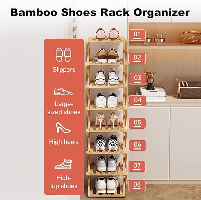 YYW Bamboo Shoe Rack for Entryway, Free Standing Shoe Racks Shelf Closet, Widen Foldable Vertical Shoe Storage Organizer for Living Room