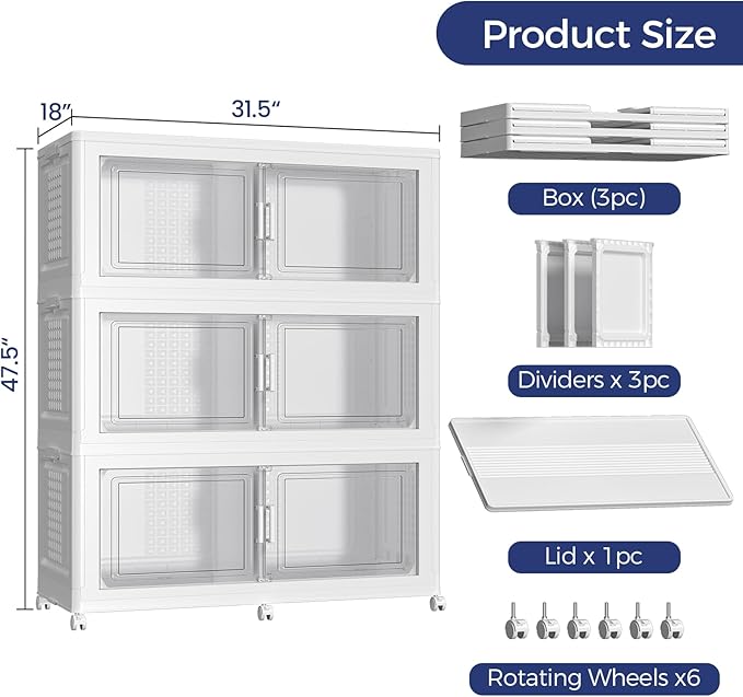 150Gal Stackable Storage Bins with Lid, 600Qt Extra Large Collapsible Storage Box with Wheels, Dividers, Folding Plastic Cabinet Closet Organizers for Home Kitchen Office Dorm, 3Pack White