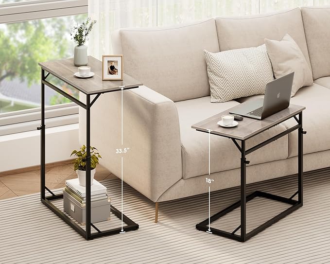 Vagusicc C Shaped End Table, 33.5"Tall Side Table for Couch, C-Table Sofa Table Adjustable Height Side Table, Large Surface Slide Under Couch Table, Coffee Table TV Tray for Living Room, Bedroom, Grey
