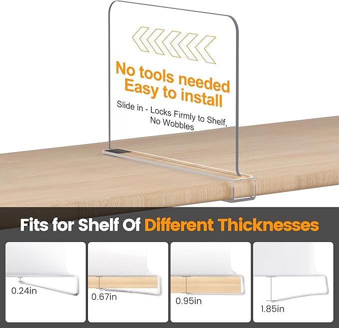 OKPOW Shelf Dividers for Closet Organization - 8" Tall X 12" Deep Acrylic Clear Sturdy Separators for Clothes Purse - Adjustable Removable Easy to Install Storage for Wood Cabinet Housewife 10 Pack