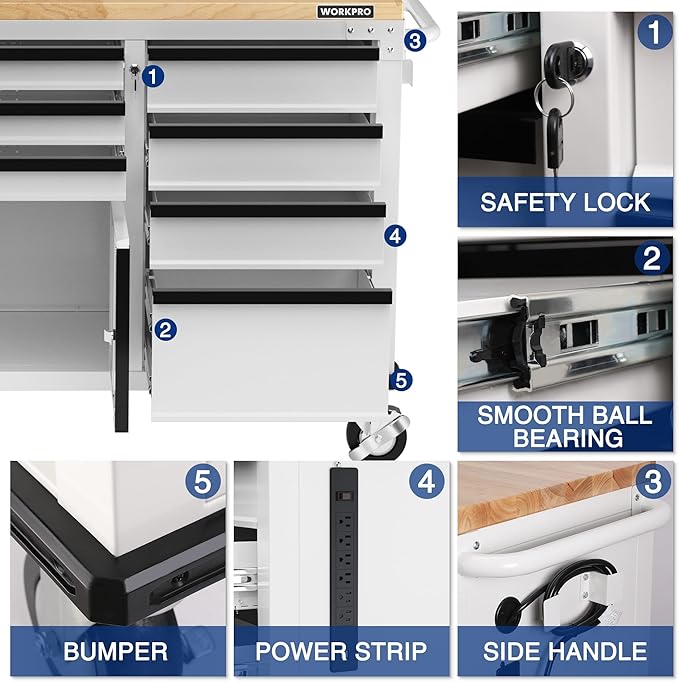 WORKPRO 62" Rolling Tool Chest, Heavy Duty Mobile Tool Storage Cabinet with 7-Drawer & 2-Door, Power Strip, Locking System, 1000 LBS Capacity Rolling Cabinet for Garage, Kitchen & Warehouse