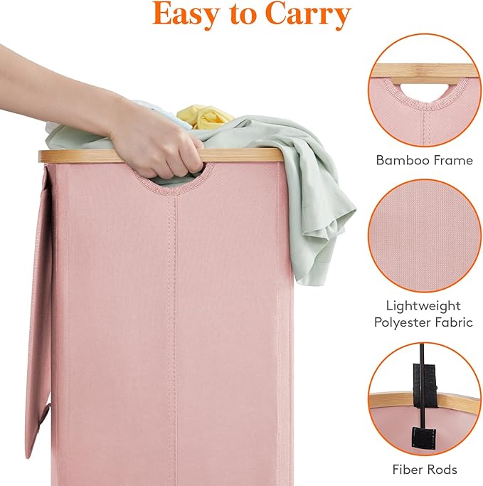 Lifewit 80L Laundry Basket with Lid, Clothes Hampers for Laundry with Bamboo Handles and A Removable Bag, Large Foldable Laundry Hamper for Bedroom, Bathroom, Dorm, Laundry Room, Pink