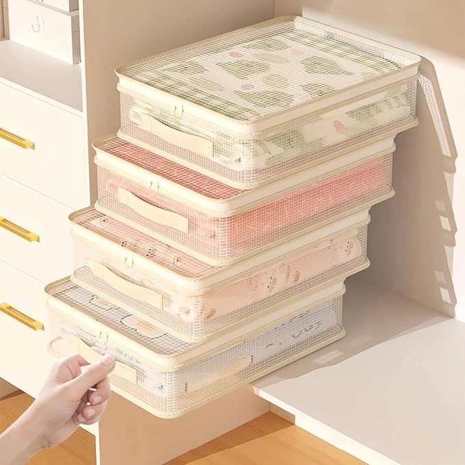Stackable storage-Organizer – Foldable Sheet And Blanket Bag, Portable Handle Container, Home Closet Space Saver | Bedroom Dorm Room storage-For Bedding, Clothing, And Seasonal Garments