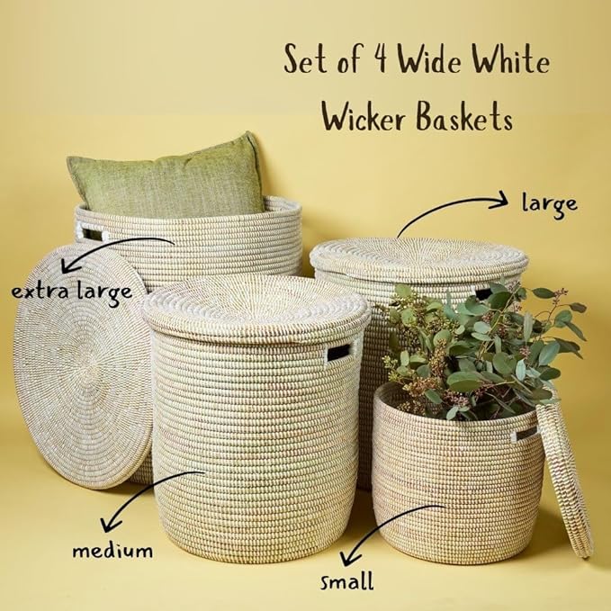 Medium White Storage Basket - Laundry Hamper, Baby Nursery Toys Bin, Living Room Blankets Storage, Towels Holder, Organizing, Decorative - Wicker, Woven, Lid, Handles