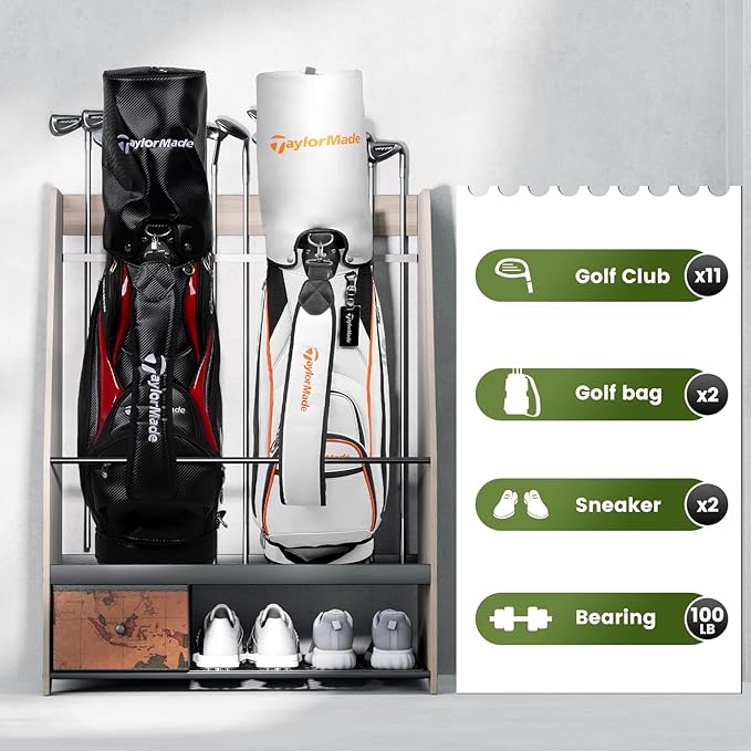 Golf Bag Organizer Rack – Large Wooden Golf Storage for 2 Bags, Clubs & Accessories with Dustproof Drawer, Sports Equipment Rack for Garage, Practice Room, Home or Office (Black)