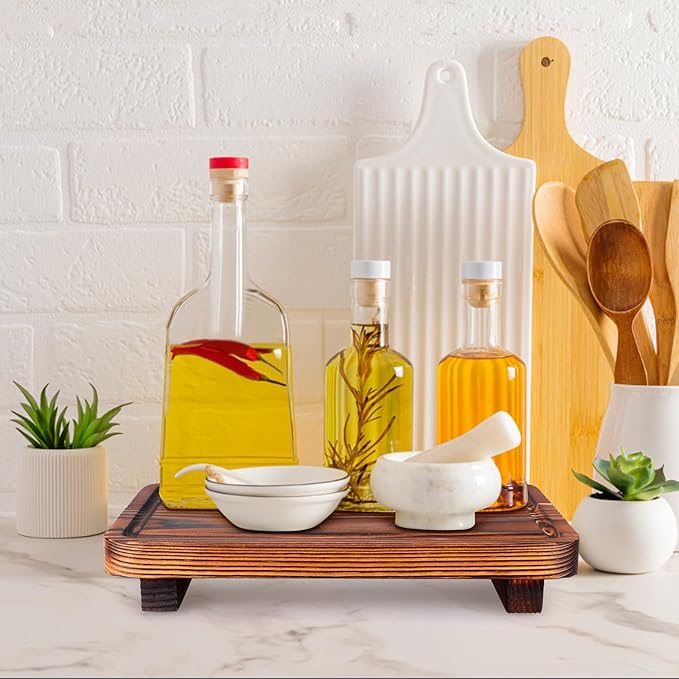 Farmhouse Bathroom Counter Tray Wood Risers Display Stands Kitchen Countertop Trays Decorative Wooden Pedestal Stand Dish Soap Dispenser Holder for Bathroom Sink Accessories Kitchen Decor Vanity Tray