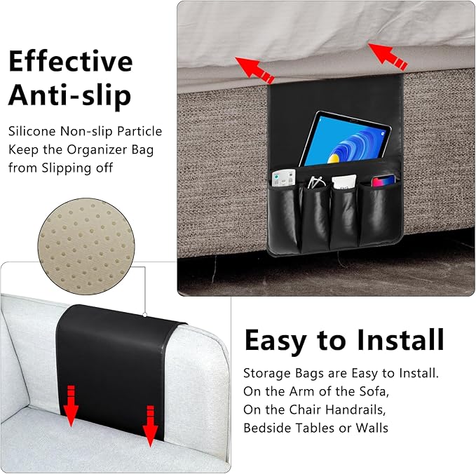 Non-slip Couch Organizer Armchair Caddy, Artificial Leather TV Remote Control Holder Bedside Caddy with 5 Pockets for Key Glasses Phone Magazine Holders (Black faux leather, 35"x12.4")