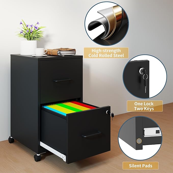 2 Drawer File Cabinet on Wheels, Mobile Filing Cabinets with Lock, Metal Storage Cabinet, Vertical Filing Cabinets for Home Office, Rolling File Cabinet for Under Desk, Amssebly Required,Black