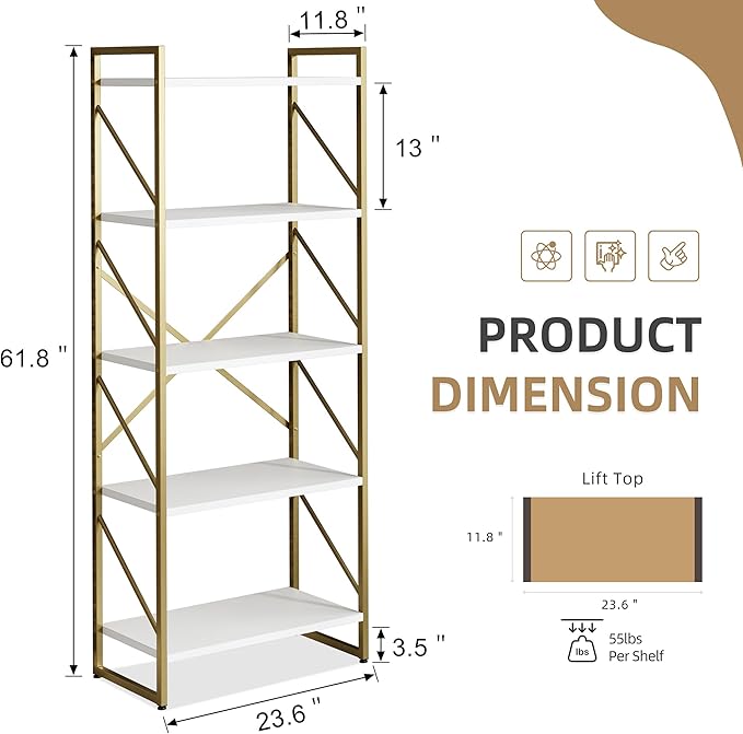 Vongrasig 5 Tier Bookshelf, Modern Tall Bookcase, Industrial Book Shelves Display Standing Shelf, Free Standing Storage Organizer for Bedroom, Living Room, White+Gold