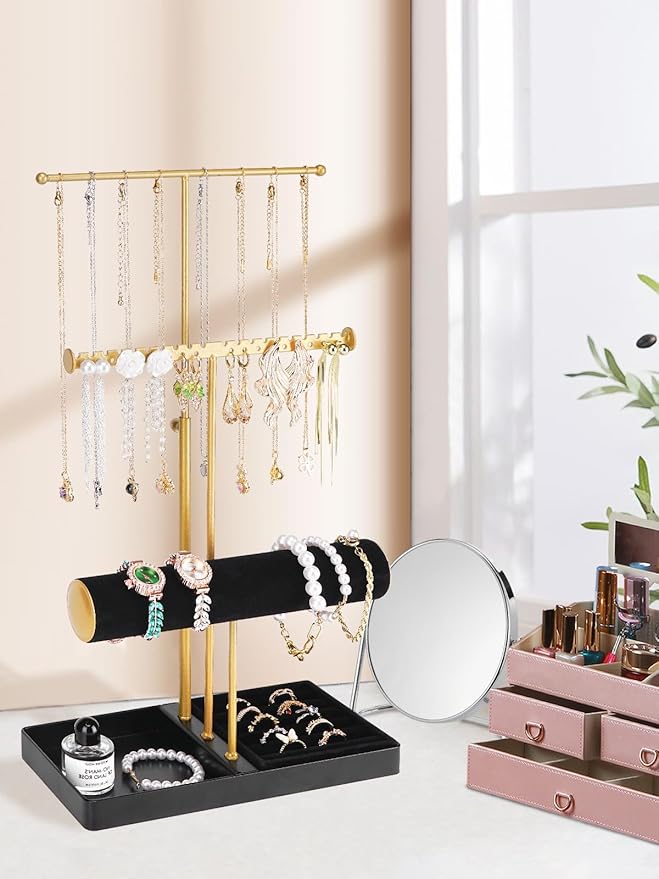 Cirhy Jewelry Organizer Stand, 3 Tier Necklace Holder for Women, Adjustable Jewelry Tree with Velvet Bracelet & Ring Tray, Elegant Jewelry Display for Necklaces, Bracelets, and Earrings（Black）
