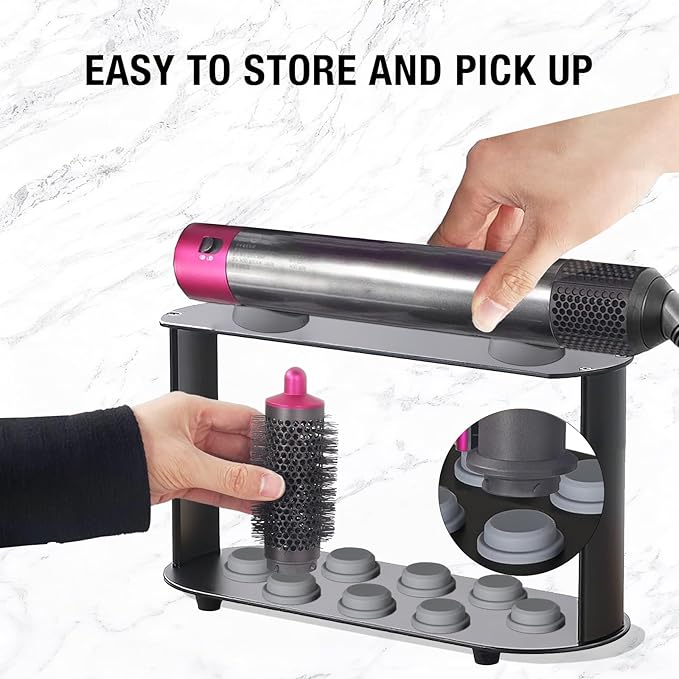 Holder for Dyson Airwrap 6" Barrel Only | Sturdy Metal Storage Rack with Protective Silicone Pad | Countertop Organizer for Attachments & Curling Iron with Self-Adhesive Hook, Black