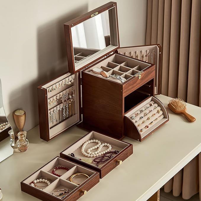 CHOSIN Black Walnut Wooden Jewelry Box, 4-Layer Lockable Organizer with Mirror, Rotatable Ring Holder,Side Doors & Brass Handle, Classical Design for Rings, Necklaces, Earrings, Christmas Gifts