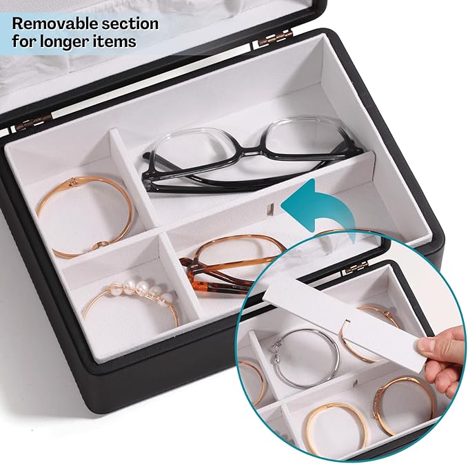 LAMOTI 2-Layer Jewelry Box for Women, Floating Effect Leather Jewelry Organizer with Detatchable Tray for Rings, Earrings, Necklaces & Bracelets (Black)