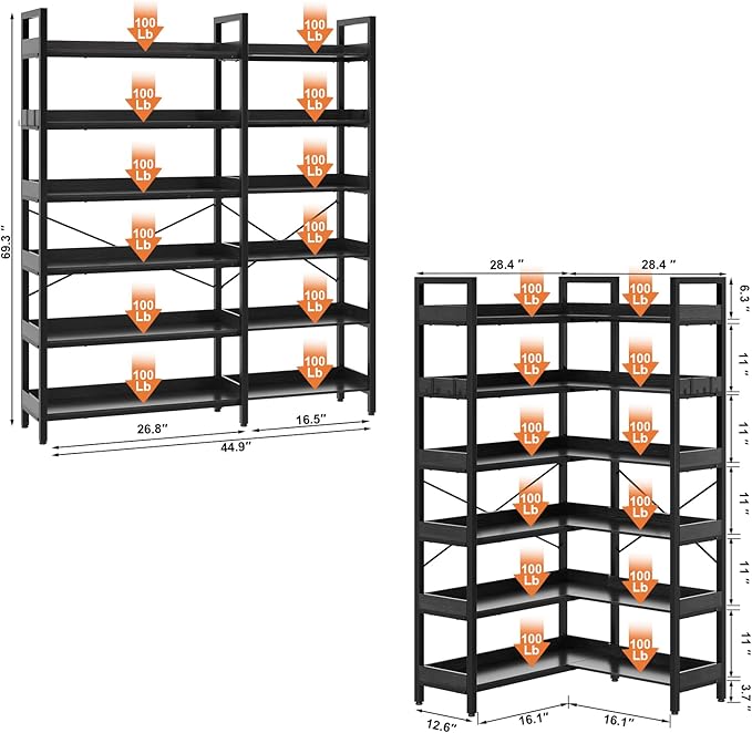 KOUSEI 6-Tier Corner Bookshelf, Reversible L-Shaped Bookcase with 4 Hooks, 69" Industrial Wood & Metal Storage Shelf for Living Room, Home Office & Bedroom, Black