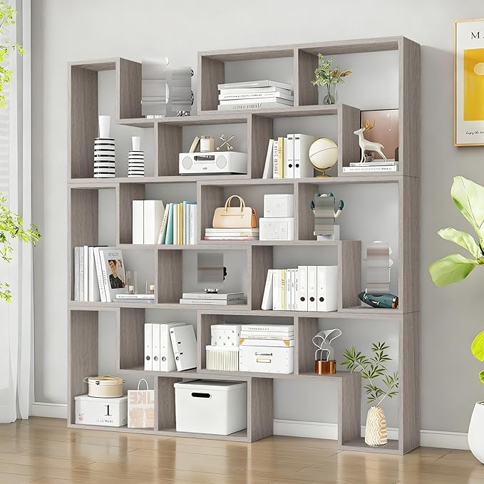 Expandable Bookcase with Adjustable Width,Wooden Room Divider Bookshelf,Standing Display Storage Organizer for Living Room,Study Room or Home Office