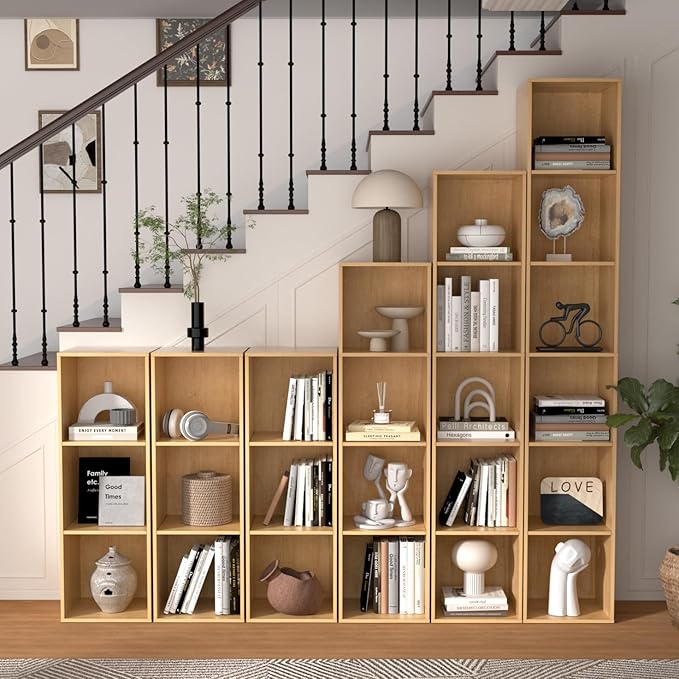 4 Cube Storage Organizer, 4 Tier Cube Bookcase Freestanding Storage Display Organizer for Home Office, Four Cubes Open Shelf Bookshelf (Oak, 4 Cube)