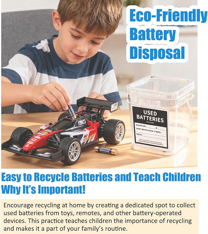 2 Pcs Battery Recycling Container with Battery Testers for Household Batteries, Used Battery Disposal Container with lid for Home Use, Office, Garage, Schools (1.32 Gallon)