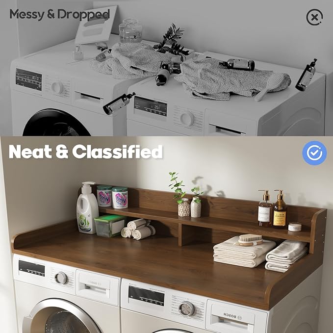 2-Tier Washer and Dryer Countertop with 2.75" H Guard,58" W x 28" D Laundry Countertop Cover with Non-Slip Pad,Large Space Laundry Topper for Folding Clothes Over Washer and Dryer-Brown